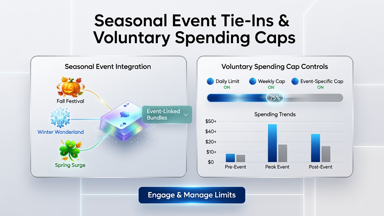 Player dashboard showing voluntary spending cap settings alongside seasonal event progress